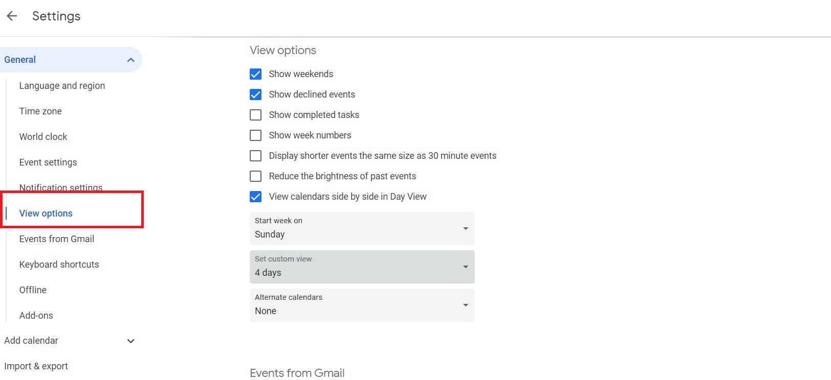 View options and custom calendar settings in Google Calendar