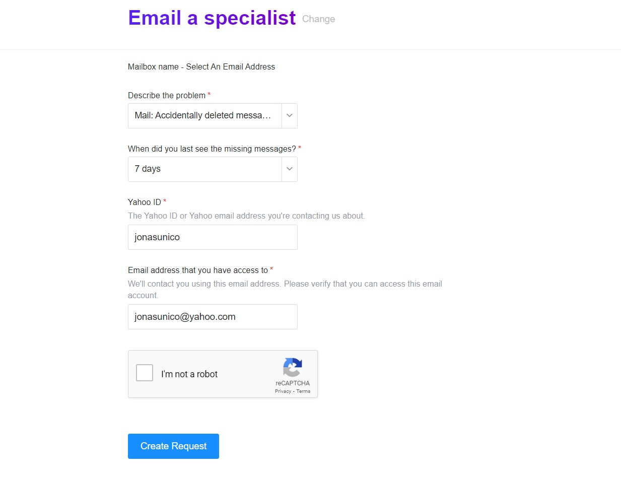 Yahoo Mail Email Request Form