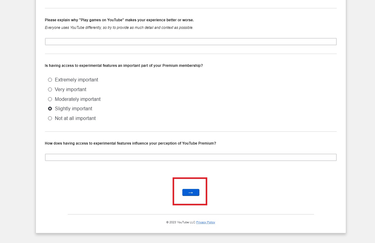 YouTube's survey form for experimental features