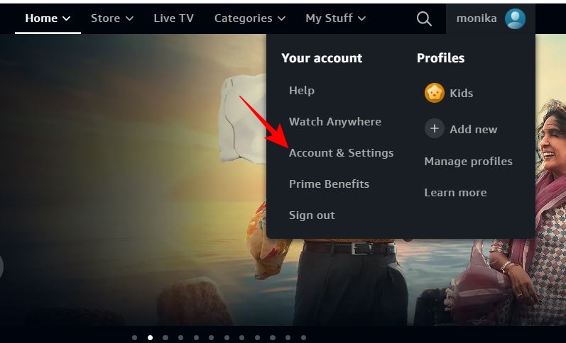 Account & Settings on Prime Videos web version on PC