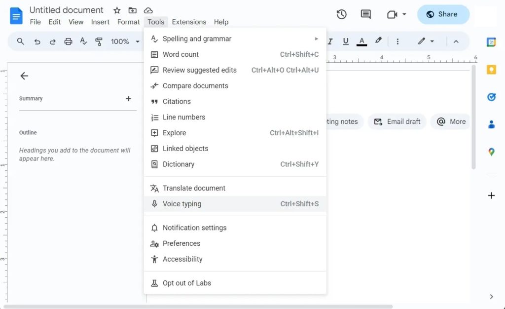 Activate Voice Typing Google Docs