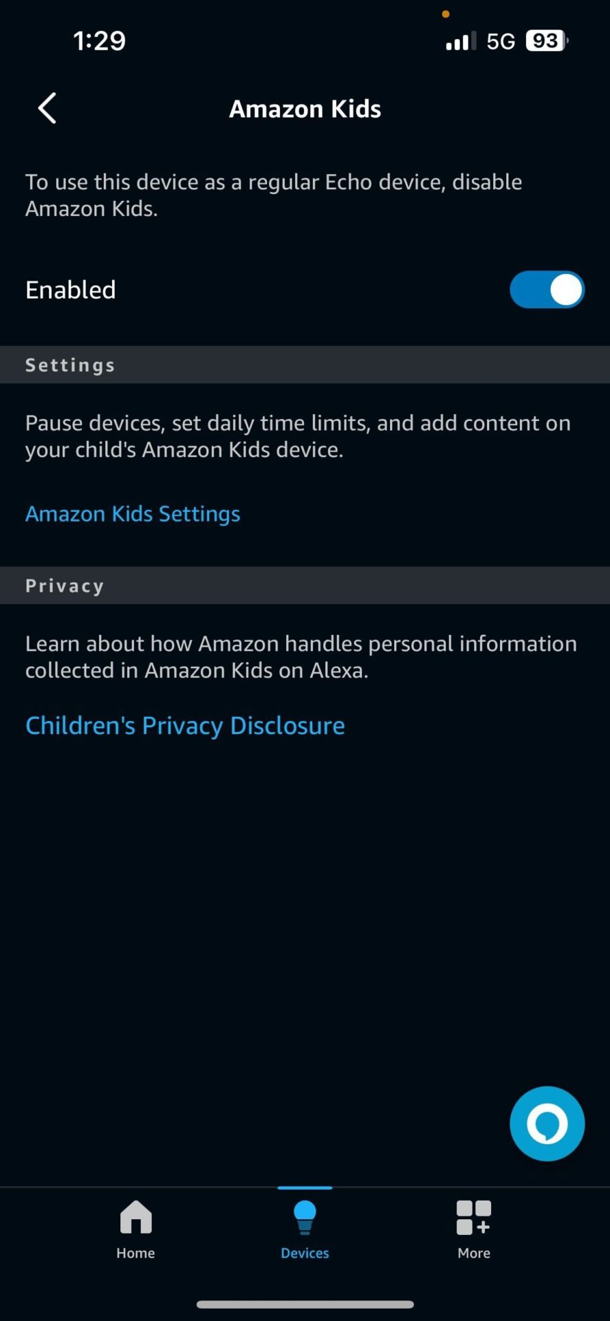 Alexa app Amazon Kids switch
