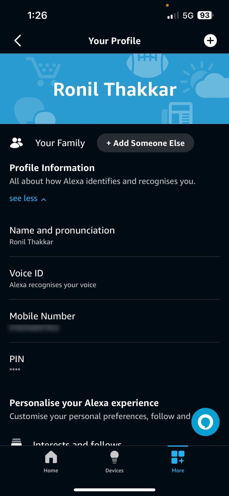 Alexa app Your Profile section