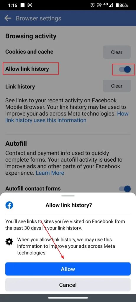 Allow Link History When Prompted