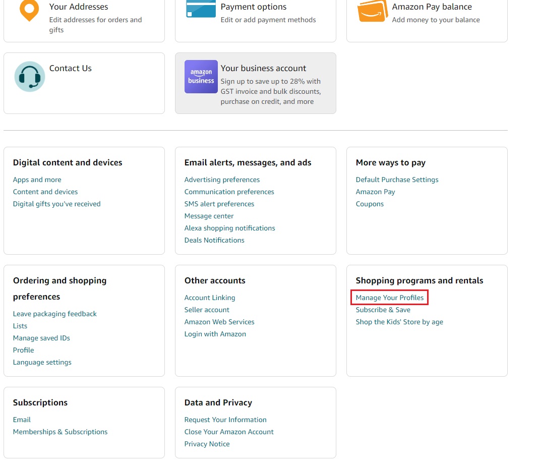 Amazon web Manage Your Profiles option