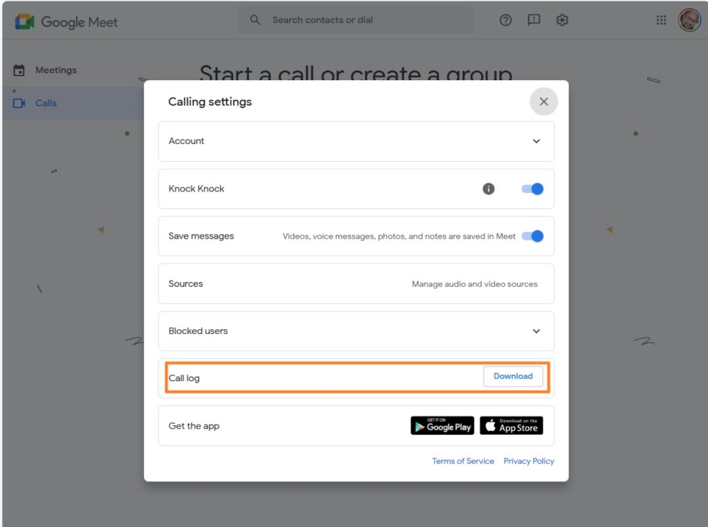 Call Log download Google Meet