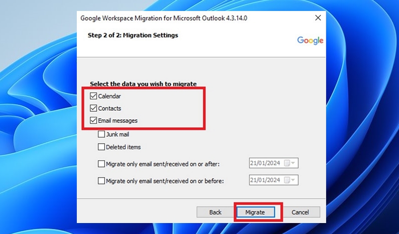 Choosing The Data To Migrate From Outlook