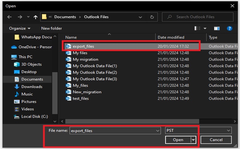 Choosing The PST File To Migrate