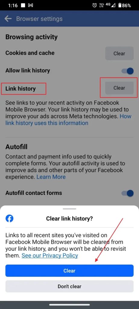 Clear Link History on Facebook