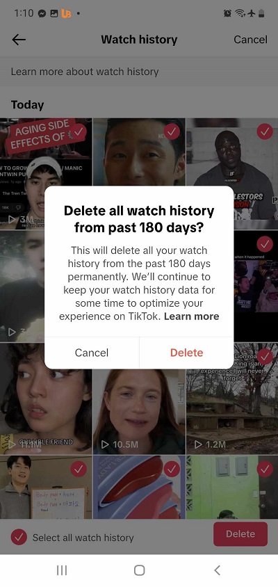 Confirming deletion of TikTok watch history