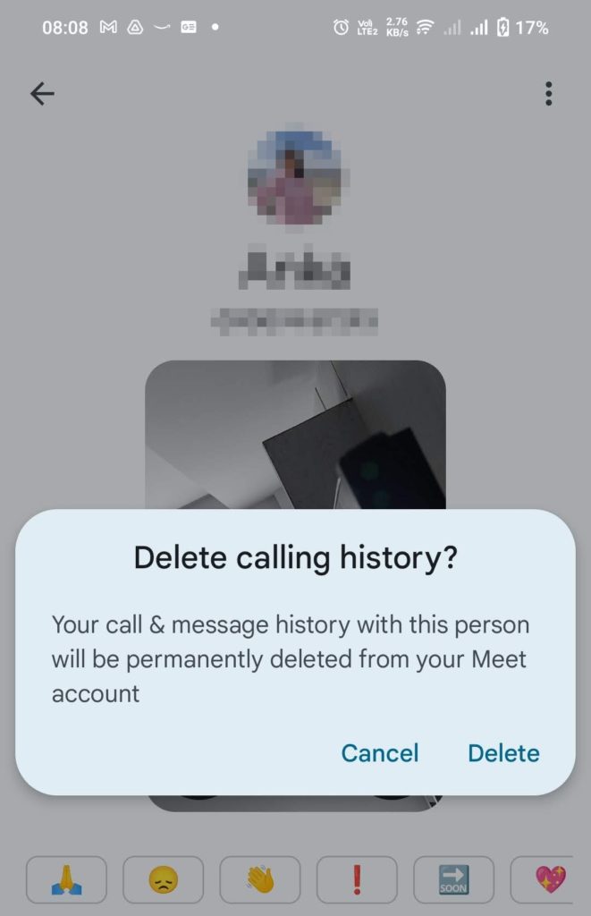 Delete Google Meet Call History Confirmation