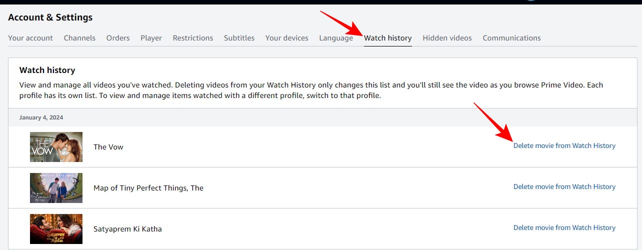 Delete video from watchlist on Prime Videos PC