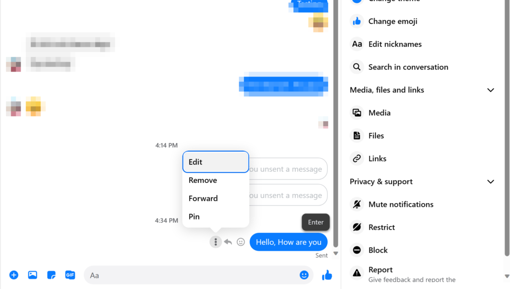 Edit Action Sent message Facebook Messenger
