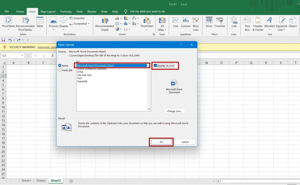 Excel Paste Special Display as Icon