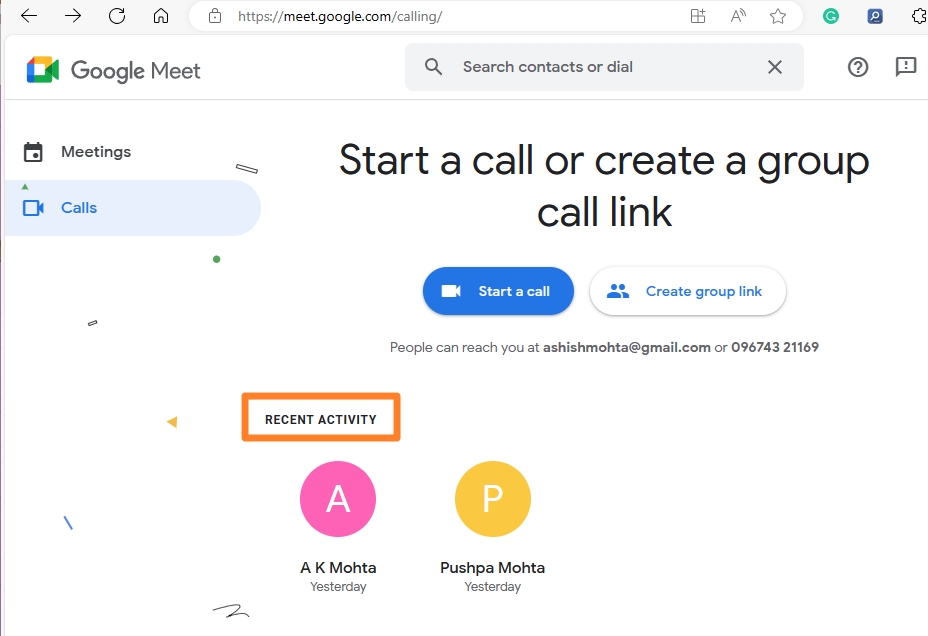Google Meet Recent Activity