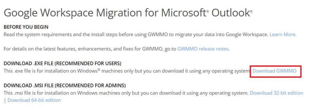 Google Workspace Migration For Microsoft Outlook (Gwmmo) Tool Download Page