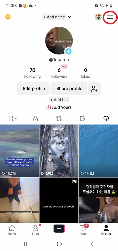 Hamburger icon location on tiktok