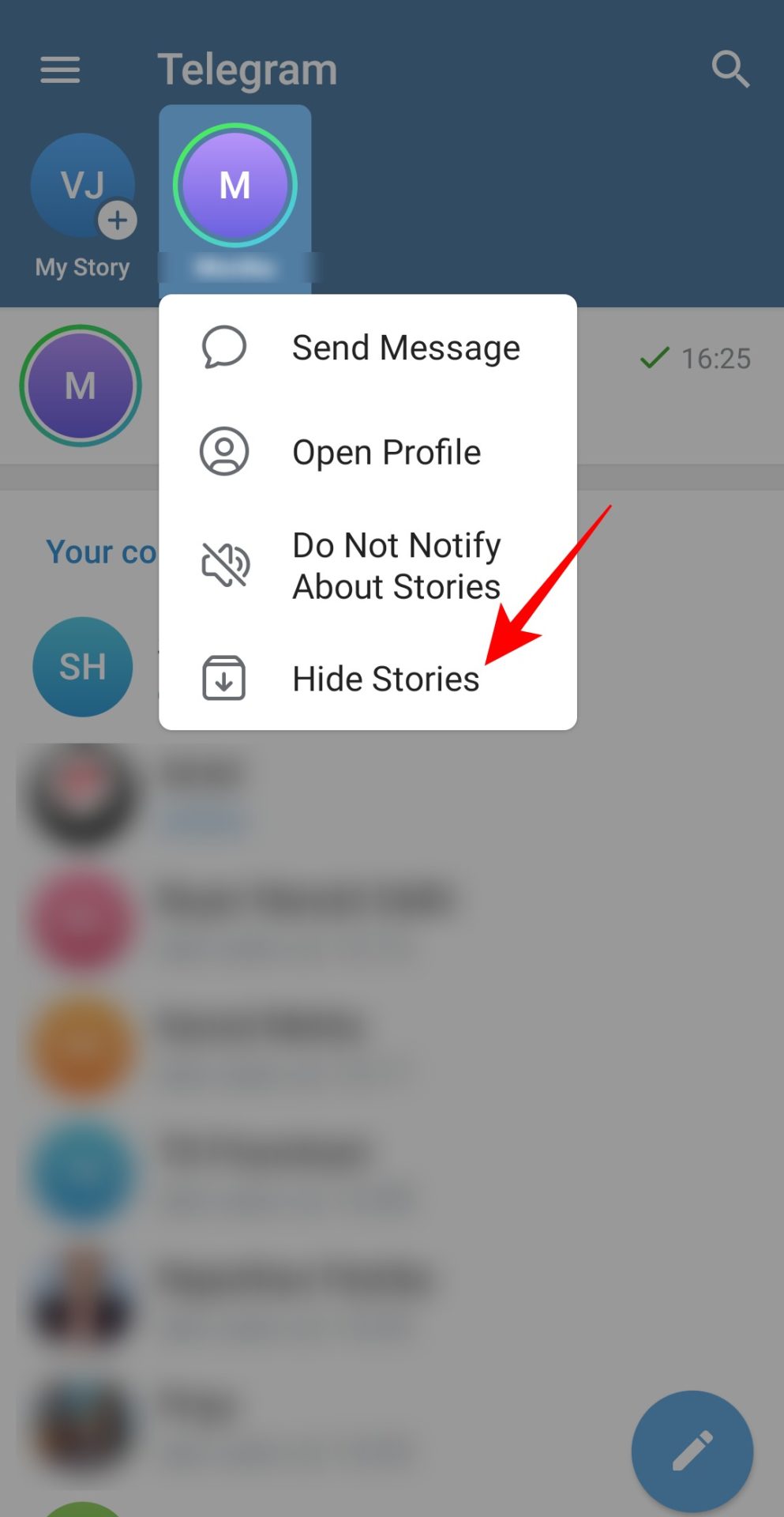 Hide Story option in Telegram app