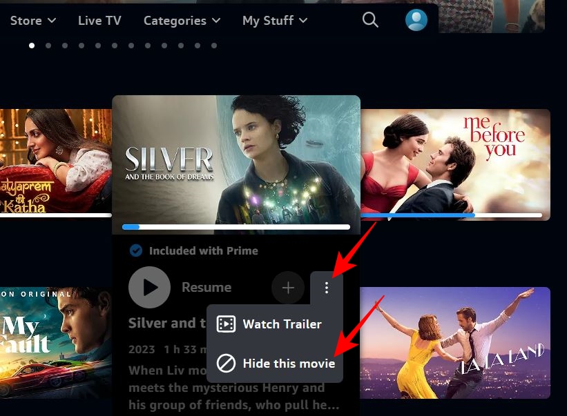 Hide video option on Prime continue watching section PC