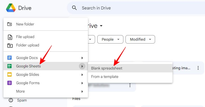 New spreadsheet option in Google Drive