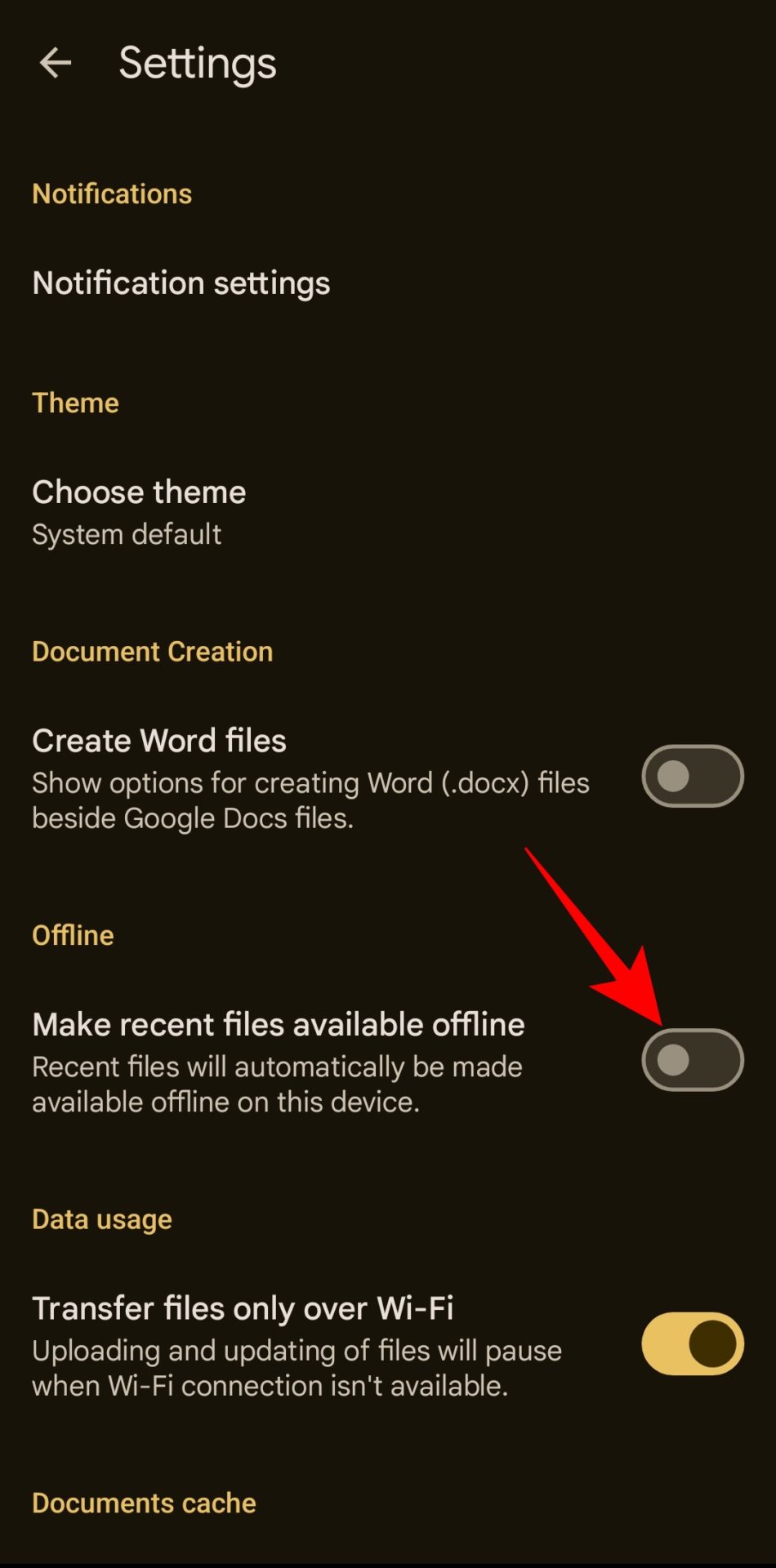 Offline option in Google Docs Settings Android app