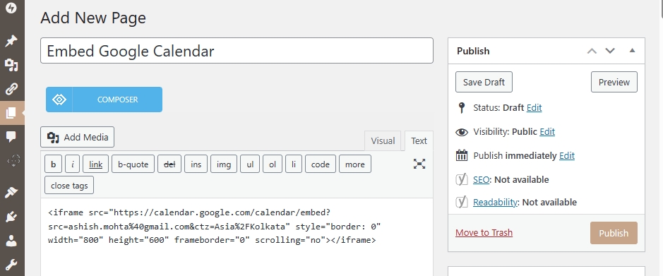 Paste HTMl Code of Google Calendar