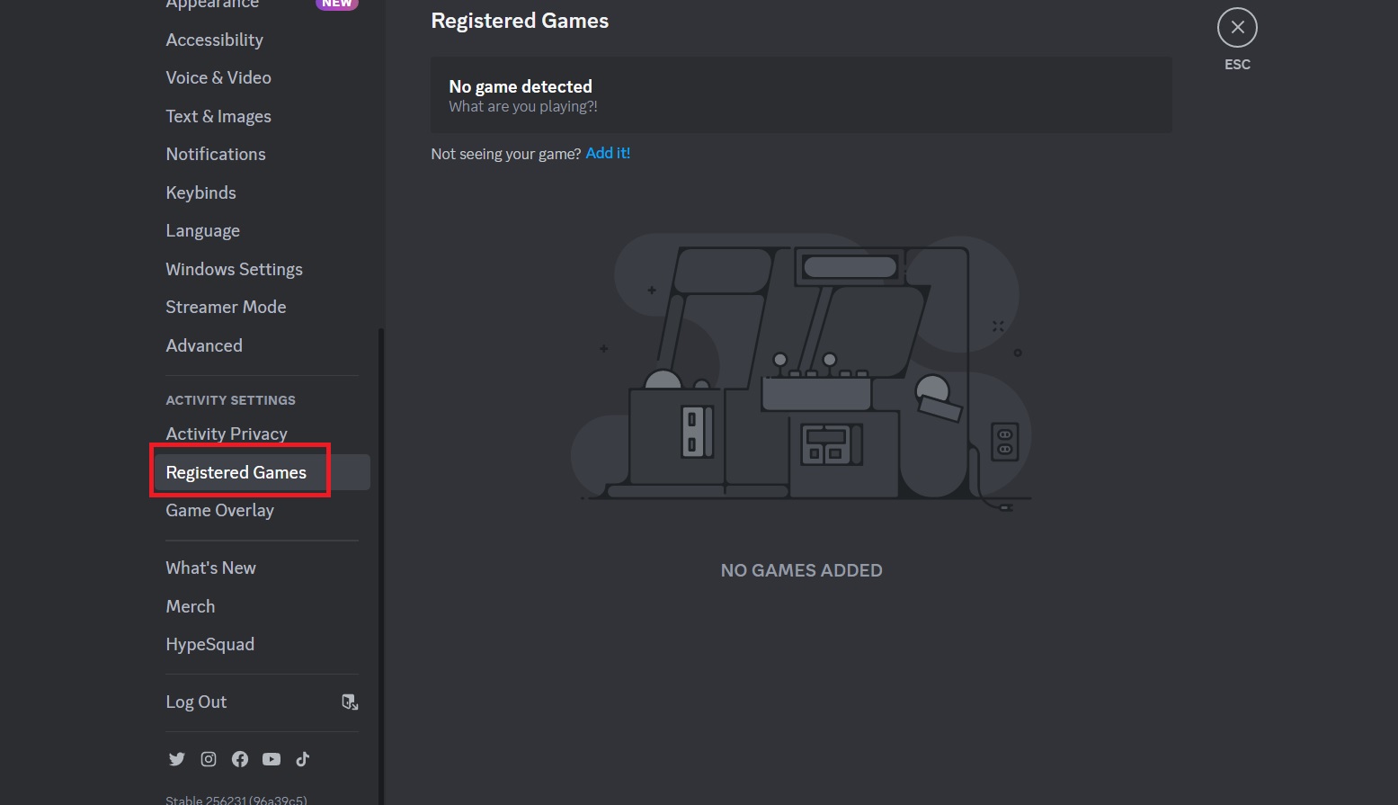 Registered Games setting on Discord