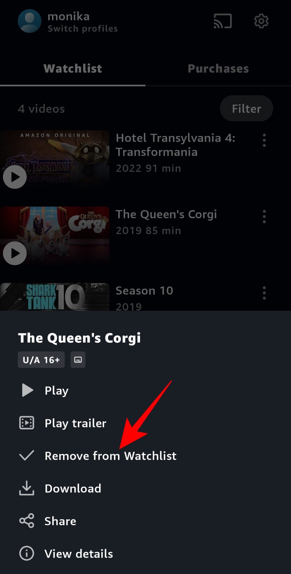 Remove from watchlist option on Amazon Prime Android app