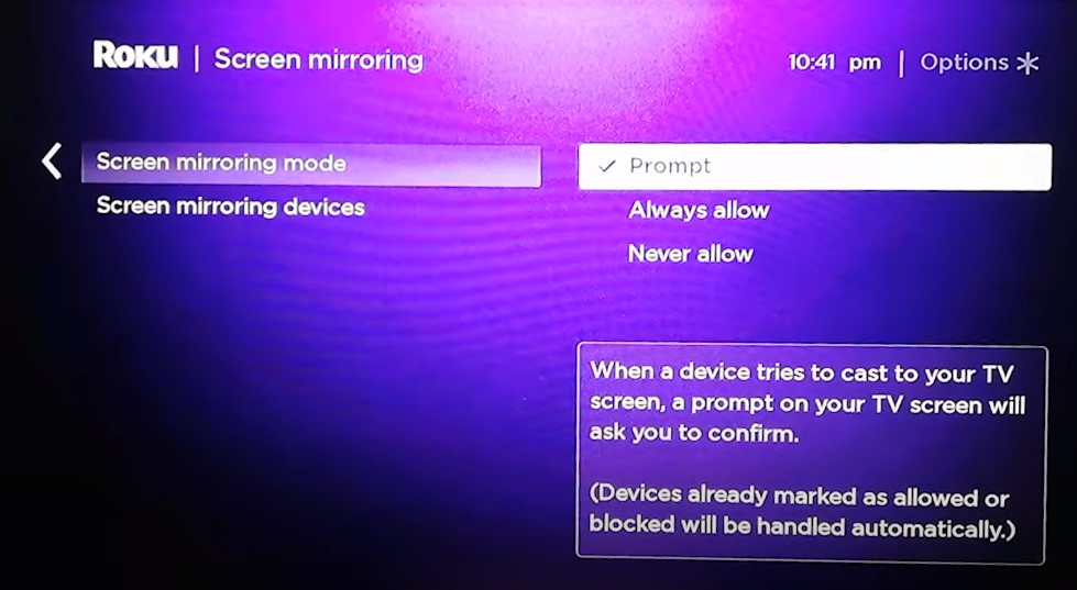 Roku TV Screen mirroring mode