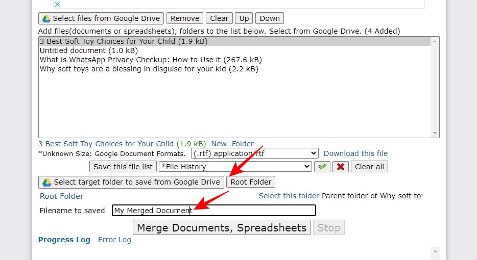 Select target folder and add file name in Merge Google Documents tool