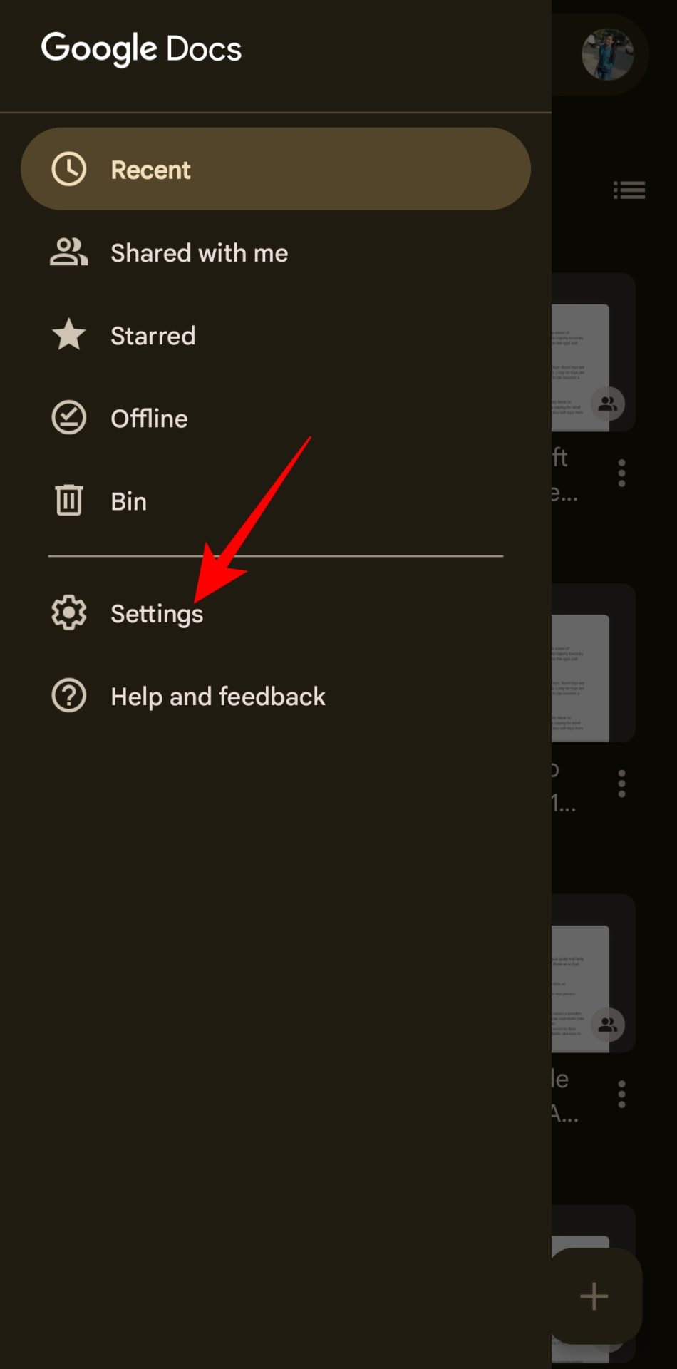 Settings in Google Docs Android App