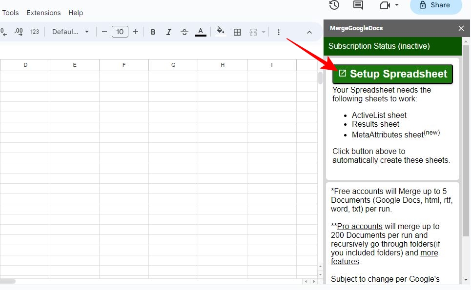 Setup Spreadsheet option in Google Sheets