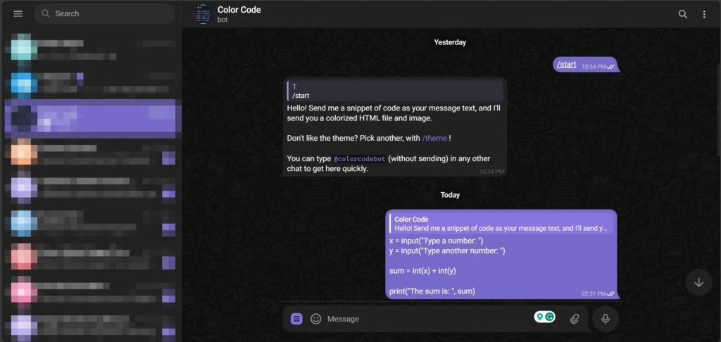 Telegram Colorcodebot Landing Page