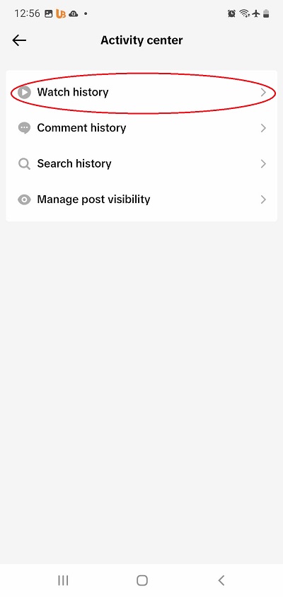 TikTok watch history setting