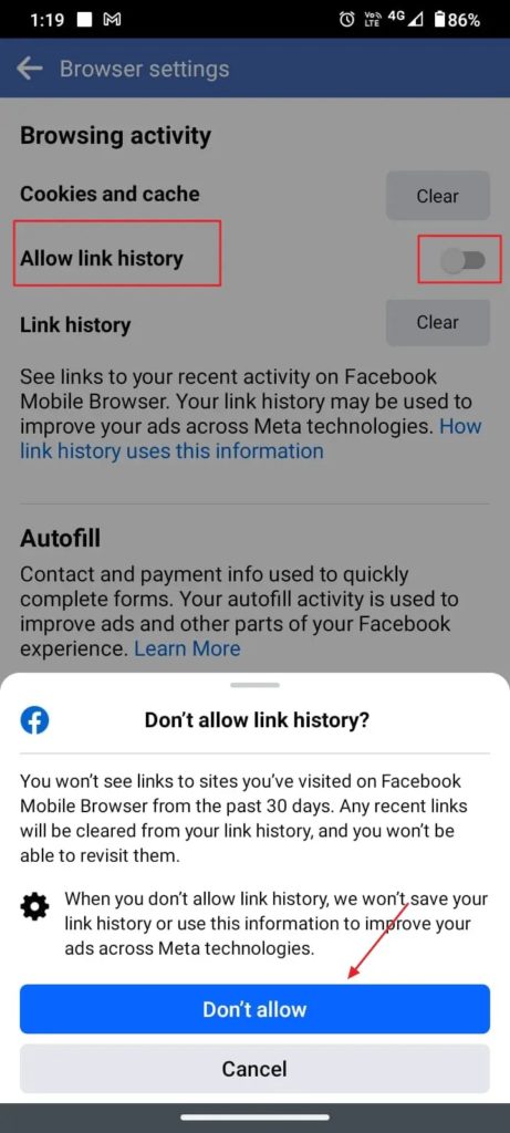 Toggle Off Allow Link History On Facebook
