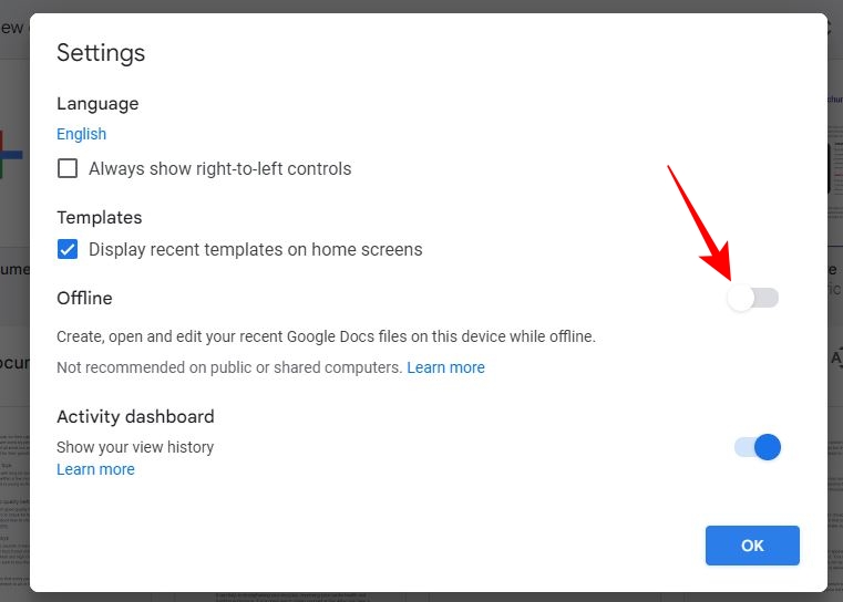 Toggle off Offline option in Google Docs settings