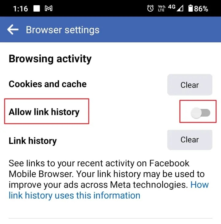 Toggle on Allow Link History