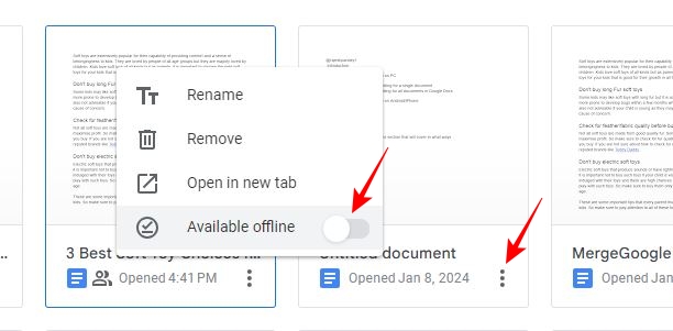 Toggle on Available offline for a document in Google Docs