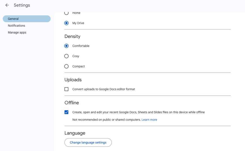 Google Drive settings on the web