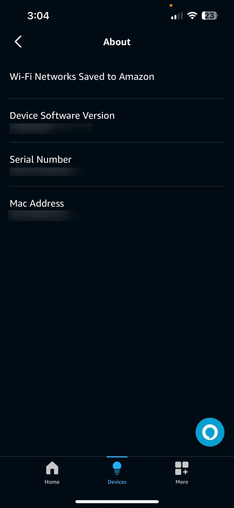 Alexa app Device about page