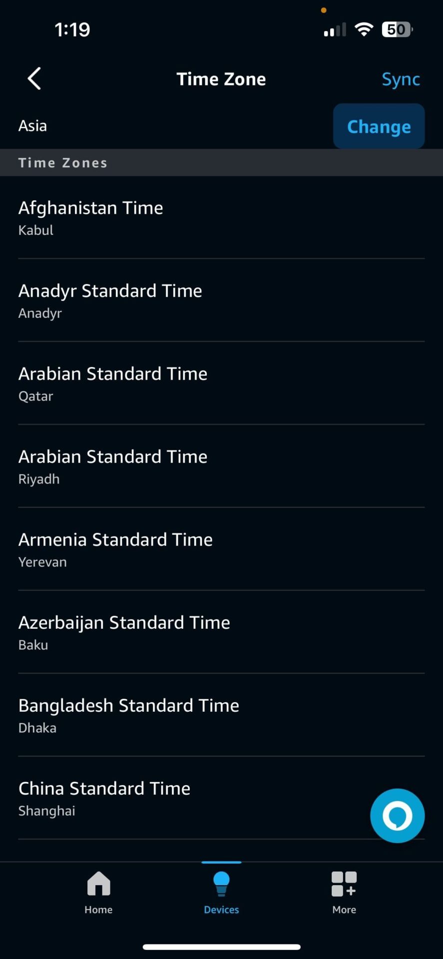 Alexa app Time Zone Change button