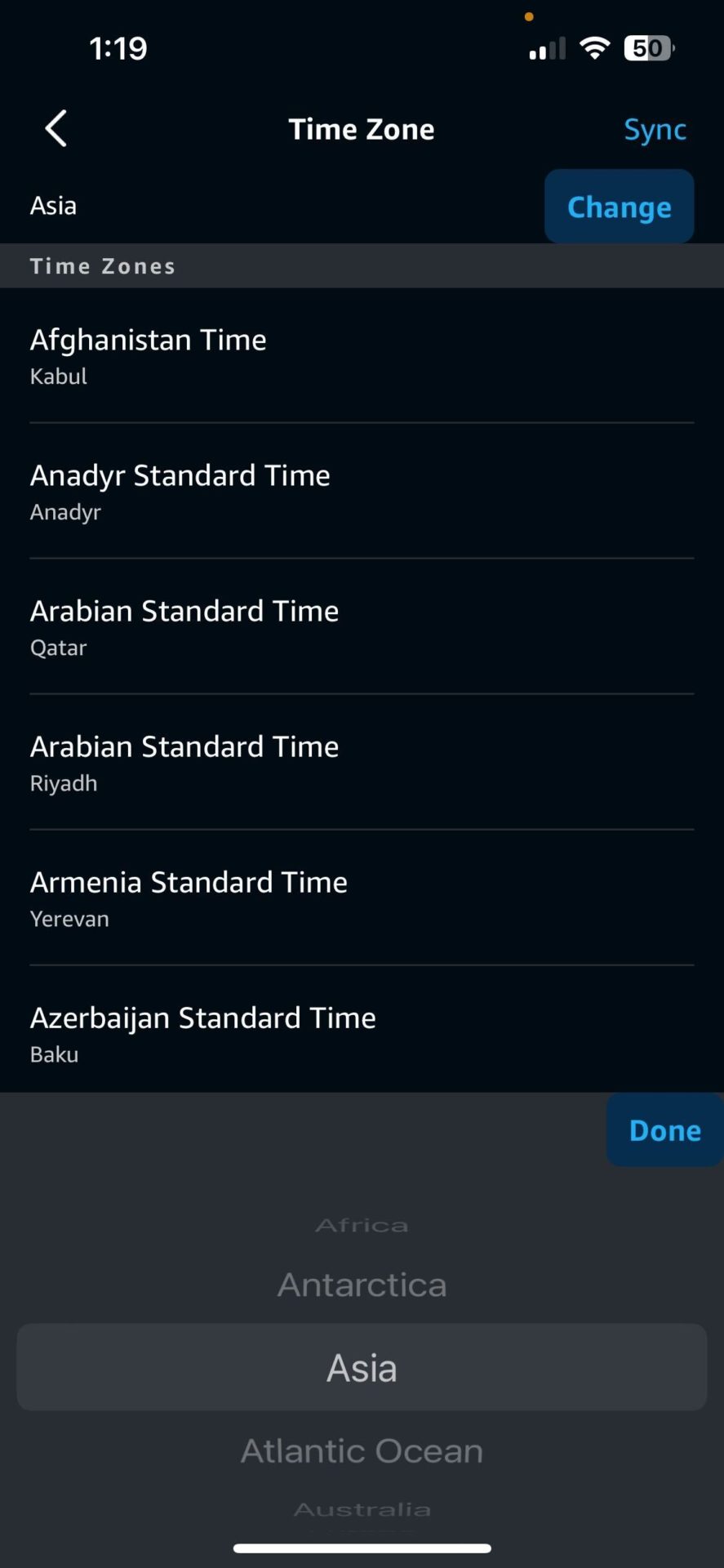 Alexa app Time Zone Done Button