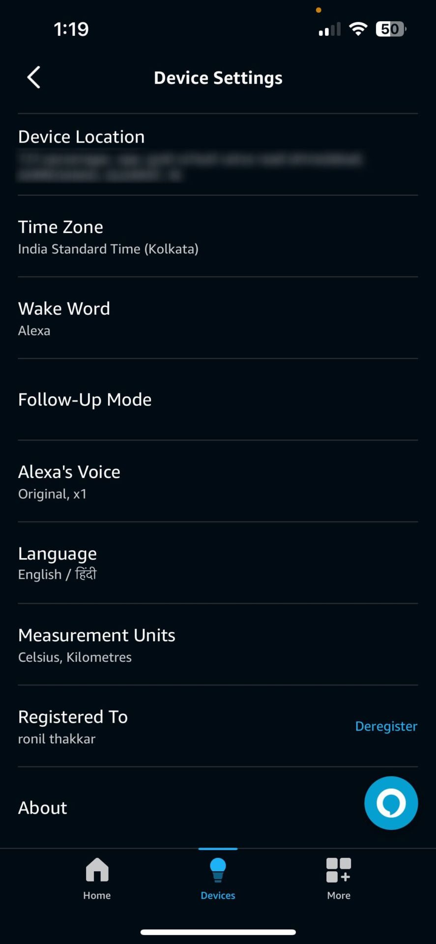 Alexa app Time Zone option