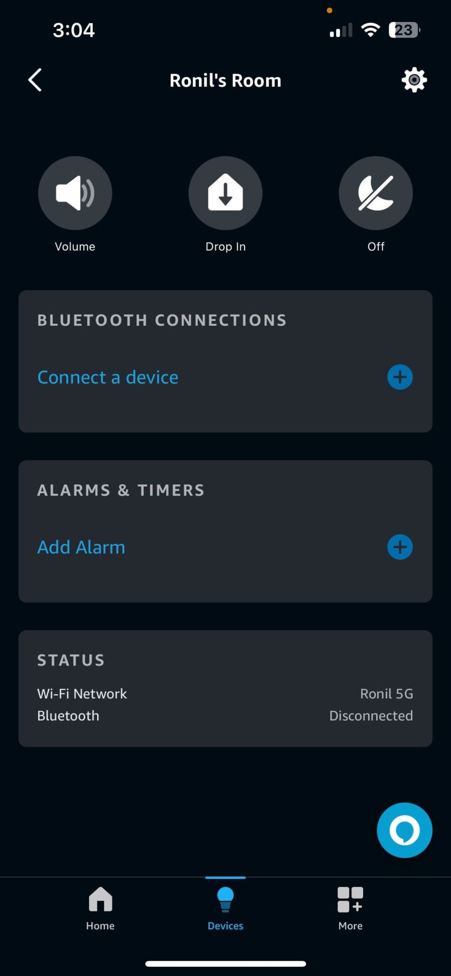 Alexa app device section gear icon