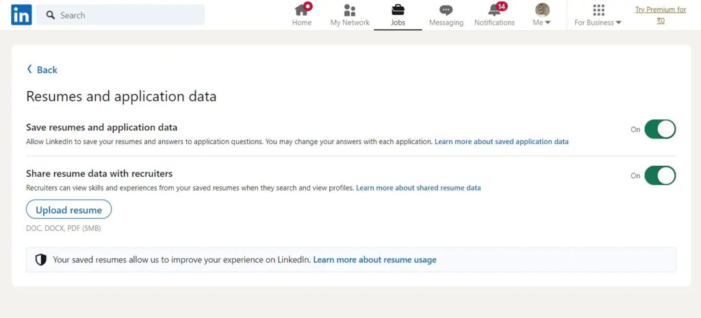 Application Settings Linkedin Resume Job