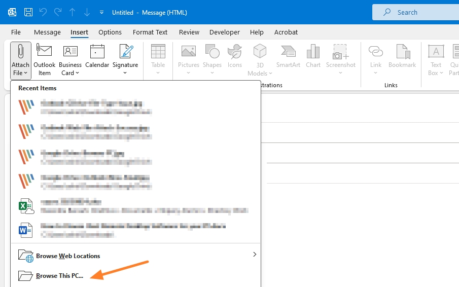 Browse This PC Option in Outlook Attachment