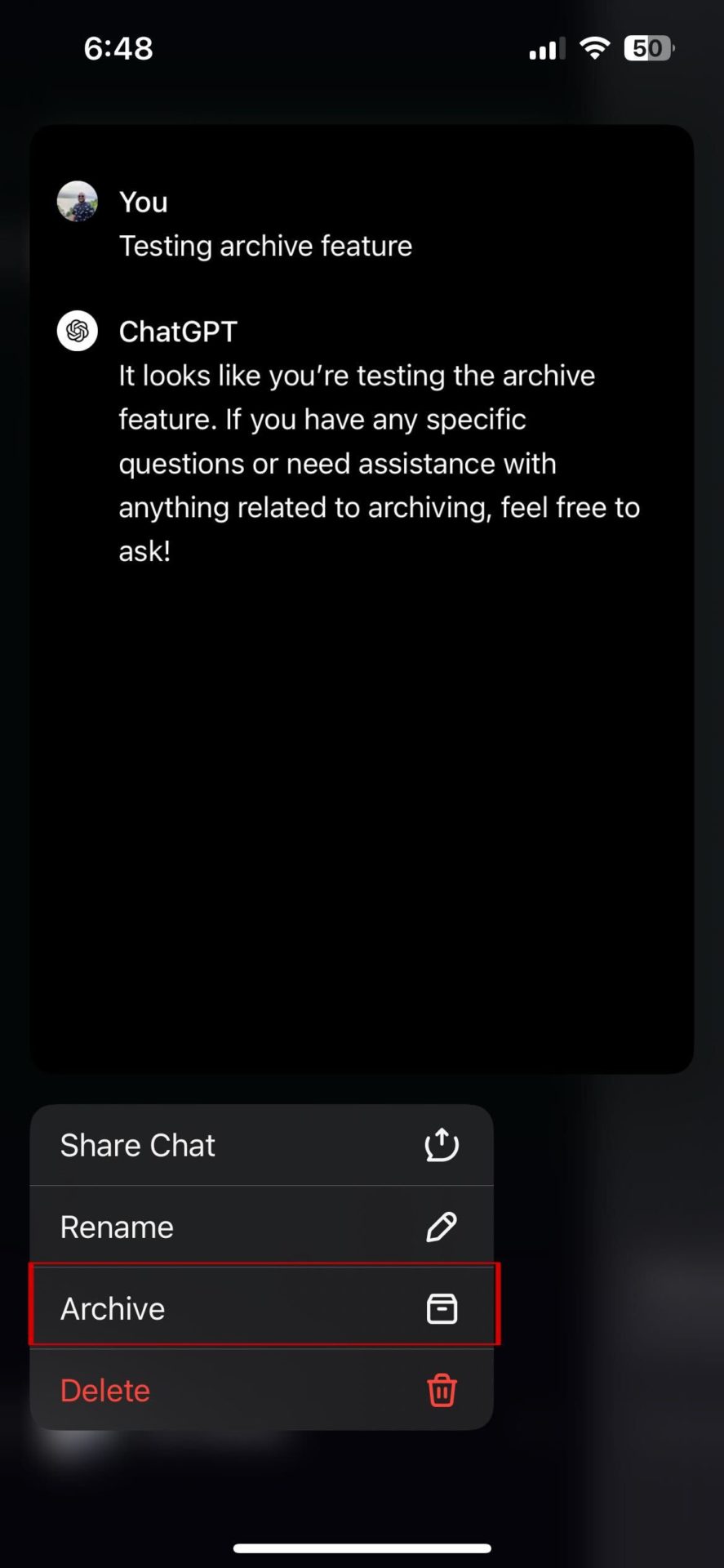 ChatGPT app Archive chat option