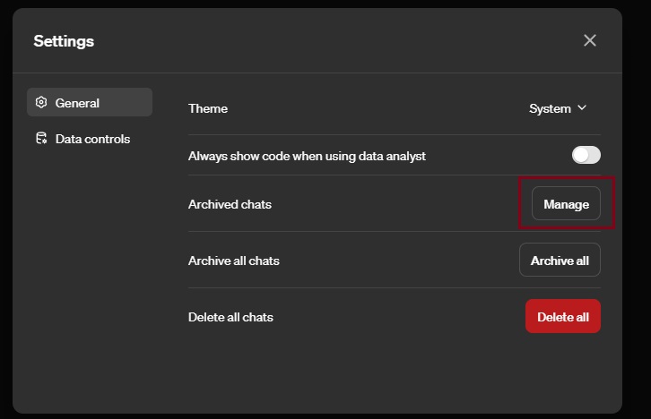 ChatGPT manage archive option