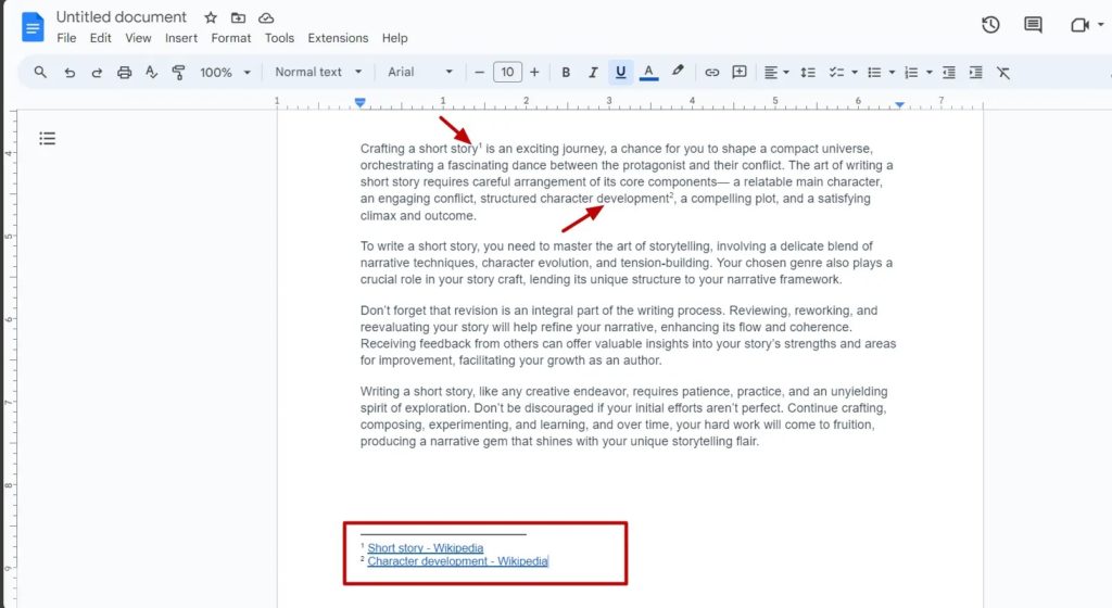 Google Docs Footnote Added