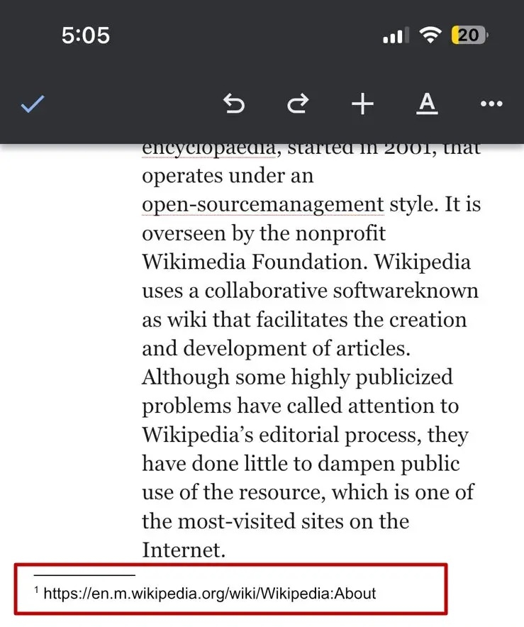 Google Docs Mobile Footnote Added